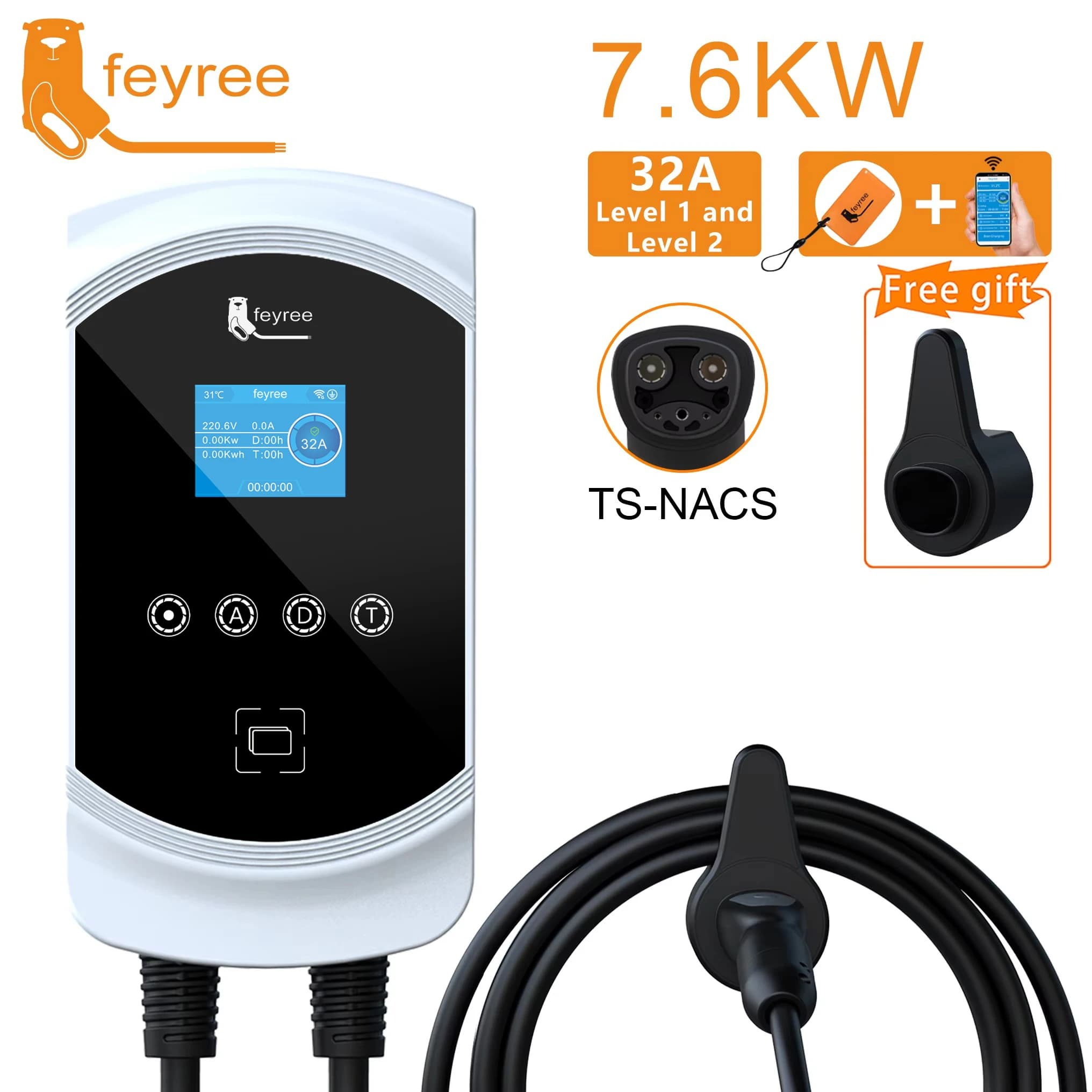 EVSE Wallbox 9.6KW 12KW 5m Câble Prise TS-NACS Andrea Control Fey123 EV Station De Recharge 32A 7.6K