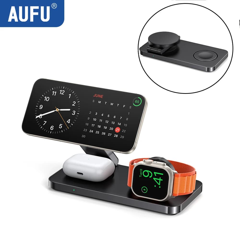 Station de charge magnétique sans fil pliable AUFU 3-en-1 à charge rapide pour MagSafe, iPhone 17, A