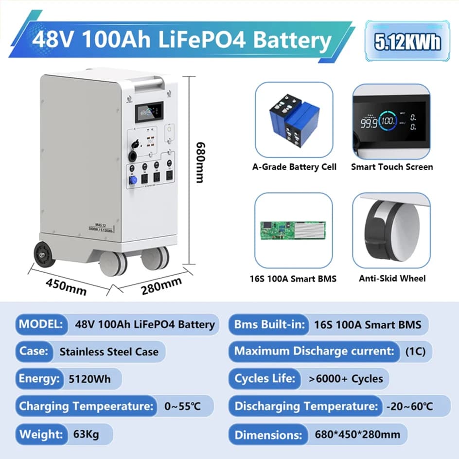 Nouvelle centrale électrique Portable 5000W, tout en un, batterie 48V 5Kwh, 6000W MPPT avec éclairag