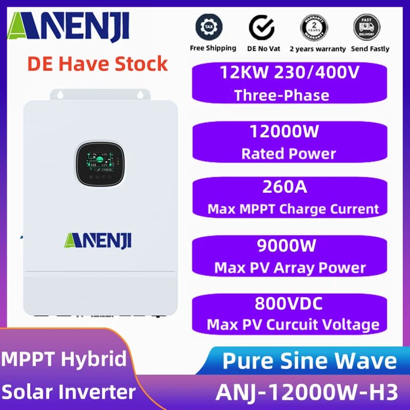 Onduleur solaire hybride triphasé 12kw, 48vdc à 230/400vac, onde Pure, double MPPT intégré, contrôle