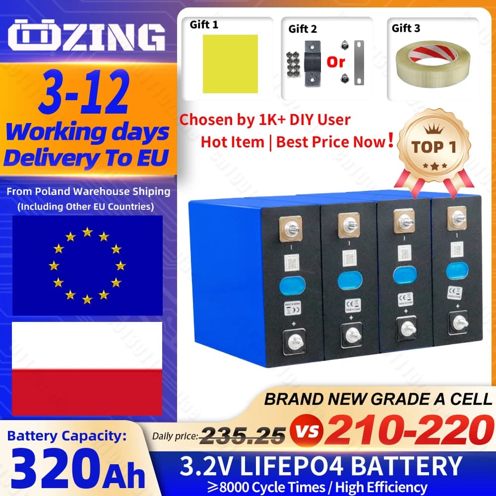 Batterie LiFePO4 3.2V 320Ah en stock UE, ≥8000 cycles, pour DIY 12V 48V 72V 96V, camping-car, véhicu